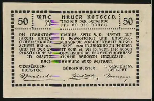 Notgeld Spitz 1920, 50 Heller, Kirche und Landschaftsansicht, Wappen der Marktgemeinde