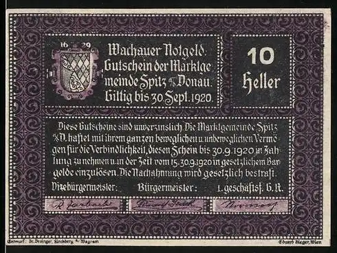 Notgeld Spitz an der Donau 1920, 10 Heller, Wappen und dekorativer Textrahmen