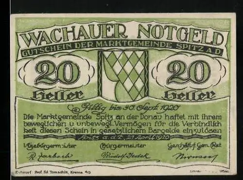 Notgeld Spitz an der Donau 1920, 20 Heller, grünes Rautenmuster, Gültigkeitstext