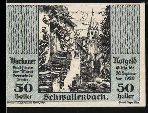 Notgeld Spitz a.d. Donau 1920, 50 Heller, Treppenansicht und Kirchturm, gültig bis 30. September 1920