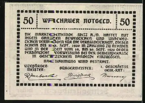 Notgeld Spitz a.d. Donau 1920, 50 Heller, Treppenansicht und Kirchturm, gültig bis 30. September 1920