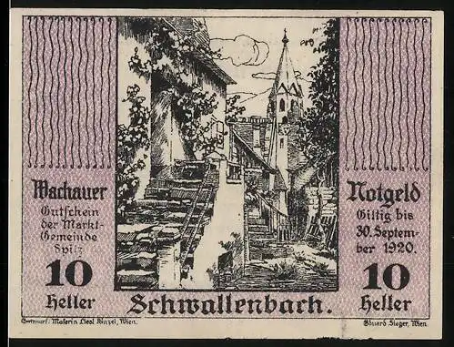 Notgeld Spitz a.d. Donau 1920, 10 Heller, malerische Dorfszene mit Kirchturm