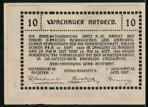 Notgeld Spitz a.d. Donau 1920, 10 Heller, malerische Dorfszene mit Kirchturm