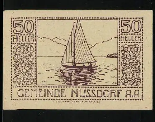 Notgeld Nussdorf am Attersee, 50 Heller, Segelboot auf dem See und florales Muster