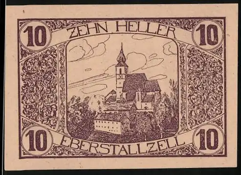 Notgeld Eberstallzell 1920, 10 Heller, Kirche und Landwirt mit Wappen, Seriennummer