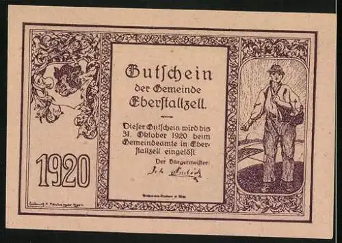 Notgeld Eberstallzell 1920, 10 Heller, Kirche und Landwirt mit Wappen, Seriennummer