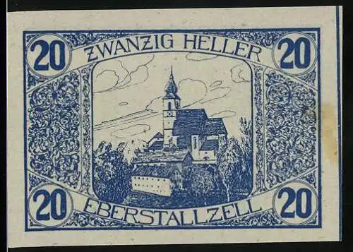 Notgeld Eberstallzell 1920, 20 Heller, Kirche und Bauer mit Sense, Wappen