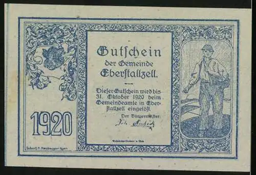 Notgeld Eberstallzell 1920, 20 Heller, Kirche und Bauer mit Sense, Wappen