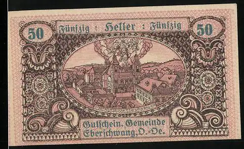 Notgeld Eberschwang 1920, 50 Heller, Stadtansicht und Wildschwein-Motiv