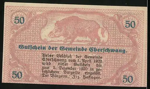 Notgeld Eberschwang 1920, 50 Heller, Stadtansicht und Wildschwein-Motiv