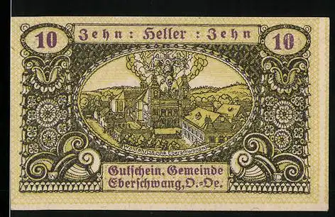 Notgeld Eberschwang 1920, 10 Heller, Industrielandschaft, Wildschweinmotiv