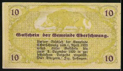 Notgeld Eberschwang 1920, 10 Heller, Industrielandschaft, Wildschweinmotiv