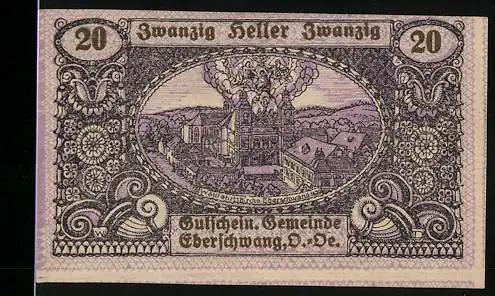 Notgeld Eberschwang 1920, 20 Heller, Fabrik und Wildschweinmotiven