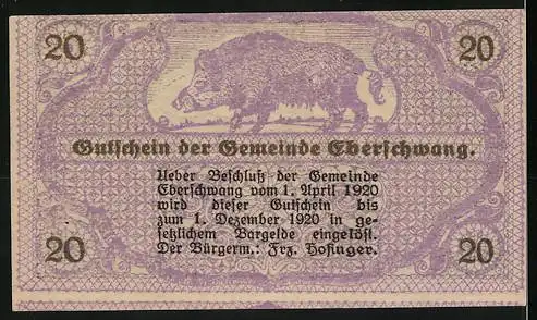 Notgeld Eberschwang 1920, 20 Heller, Fabrik und Wildschweinmotiven