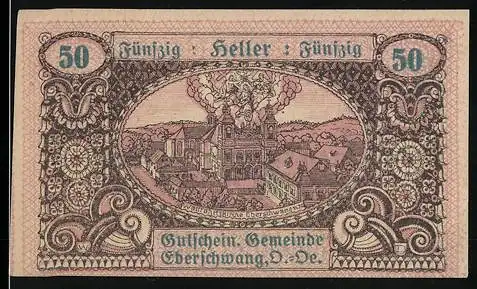 Notgeld Eberschwang 1920, 50 Heller, Gebäude mit Rauchwolken und Wildschwein-Motiv