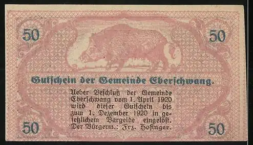 Notgeld Eberschwang 1920, 50 Heller, Gebäude mit Rauchwolken und Wildschwein-Motiv