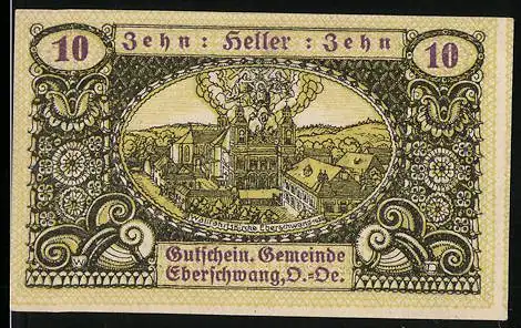 Notgeld Eberschwang 1920, 10 Heller, Dorfansicht mit Kirche und Landschaft, Wildschwein-Motiv