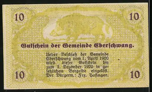 Notgeld Eberschwang 1920, 10 Heller, Dorfansicht mit Kirche und Landschaft, Wildschwein-Motiv