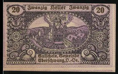 Notgeld Eberschwang 1920, 20 Heller, Dorfansicht und Wildschweinmotiv