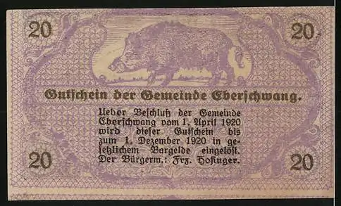 Notgeld Eberschwang 1920, 20 Heller, Dorfansicht und Wildschweinmotiv