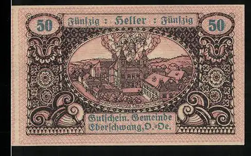 Notgeld Eberschwang 1920, 50 Heller, Stadtansicht mit Kirche und Wildschweinmotiv