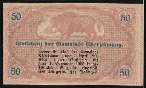 Notgeld Eberschwang 1920, 50 Heller, Stadtansicht mit Kirche und Wildschweinmotiv