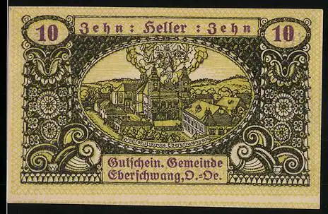 Notgeld Eberschwang 1920, 10 Heller, Dorfansicht mit Kirche und Landschaft, Gutschein der Gemeinde