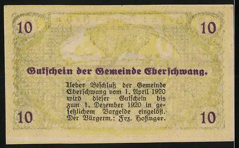 Notgeld Eberschwang 1920, 10 Heller, Dorfansicht mit Kirche und Landschaft, Gutschein der Gemeinde