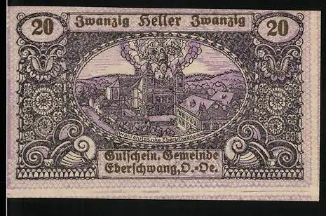 Notgeld Eberschwang 1920, 20 Heller, Fabrik und Wildschwein-Motiv