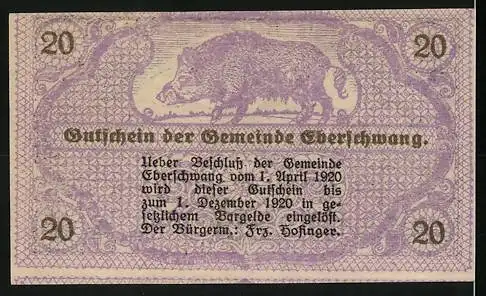 Notgeld Eberschwang 1920, 20 Heller, Fabrik und Wildschwein-Motiv