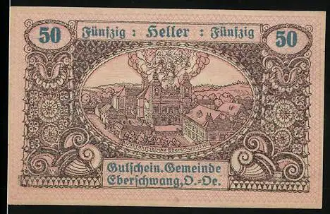 Notgeld Eberschwang 1920, 50 Heller, Stadtansicht mit Rauchwolken, Wildschwein-Motiv, dekorativer Rahmen