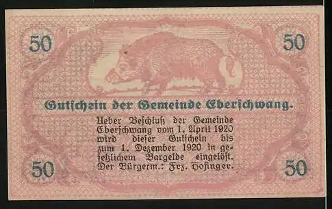 Notgeld Eberschwang 1920, 50 Heller, Stadtansicht mit Rauchwolken, Wildschwein-Motiv, dekorativer Rahmen