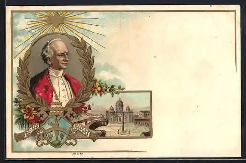 Lithographie Papst Leo XIII., Portrait im Ehrenkranz, Wappen, Petersdom