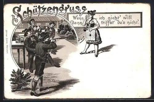 Lithographie Schützengruss, Schütze mit beweglicher Zielscheibe