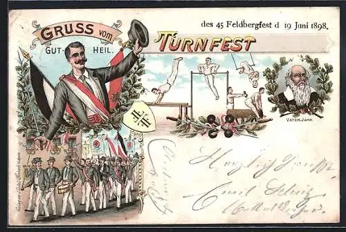 Lithographie Feldberg, Turnfest Feldbergfest 1898, Parade, Turner an Barren u. Reck, Turnvater Jahn