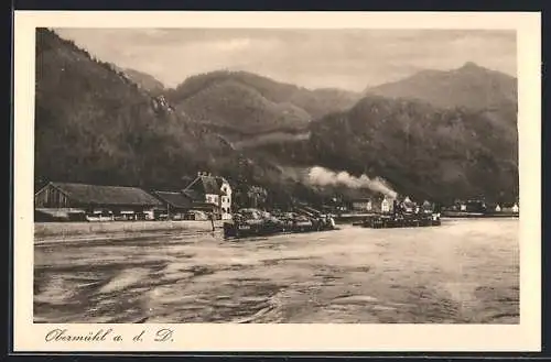 AK Kirchberg ob der Donau, Obermühl, Dampfer auf der Donau, Ortsansicht