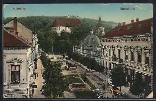 AK Miskolc, Erzsebet ter, Strassenpartie aus der Vogelschau