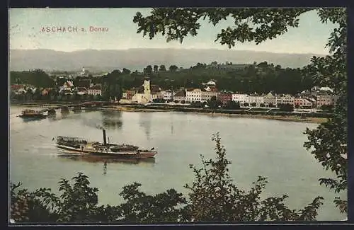 AK Aschach a. Donau, Uferpartie mit Dampfer