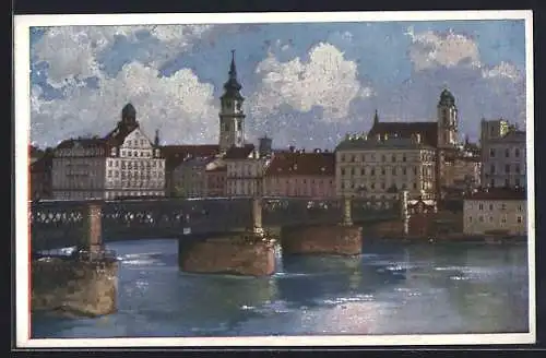 Künstler-AK Linz /Donau, Teilansicht mit Donaubrücke