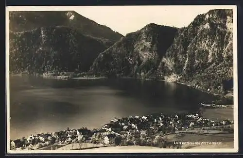 AK Unterach am Attersee, Ortspartie am See mit Gebirge