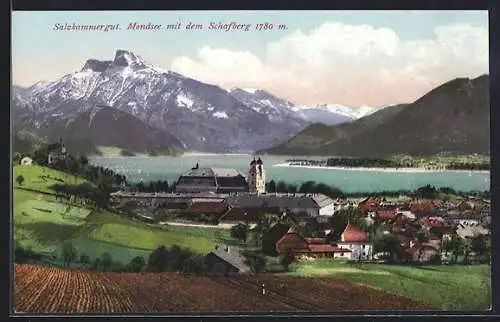 AK Mondsee, Blick über den Ort auf den Schafberg