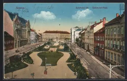 AK Sopron, Széchenyi-Platz aus der Vogelschau