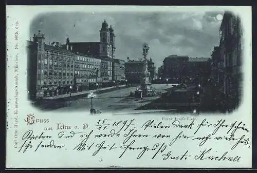 Mondschein-AK Linz a. D., Franz Josefs-Platz mit Denkmal