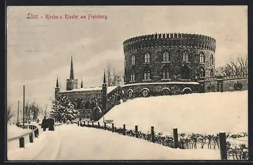 AK Linz, Kirche und Kloster am Freinberg im Schnee