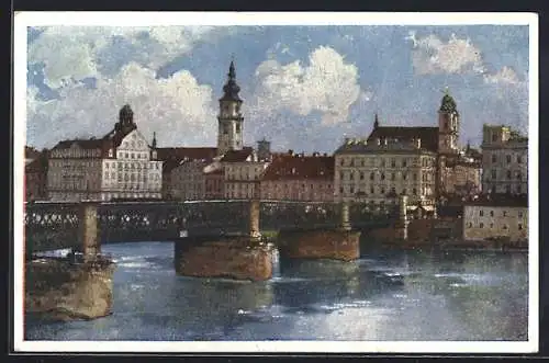 Künstler-AK Linz /Donau, Teilansicht mit Donaubrücke