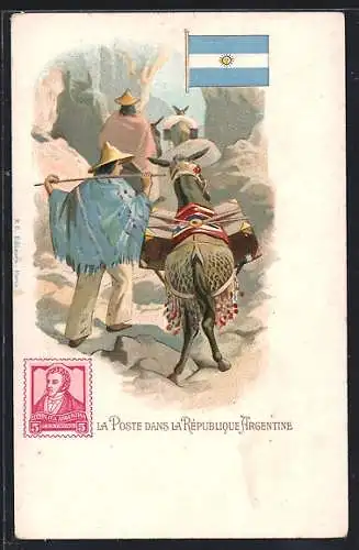 Lithographie Argentinien, La Poste, Postbeförderung mit Lamas, Briefmarke, Fahne