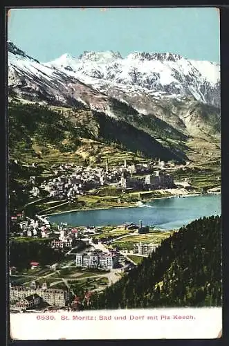 AK St. Moritz, Blick auf die Ortsteile Bad und Dorf mit Piz Kesch