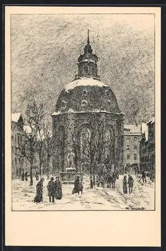 Künstler-AK Otto Ubbelohde: Kassel, Französische Kirche im Schnee