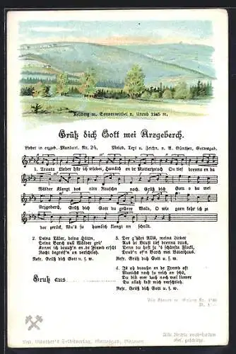 Lied-AK Anton Günther Nr. 29: Grüss dich Gott mei Arzgeberch, Text- und Notenzeilen, Landschaftsbild