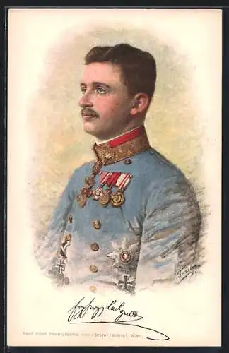 Künstler-AK Kaiser Karl I. von Österreich in Uniform mit Orden, Rotes Kreuz